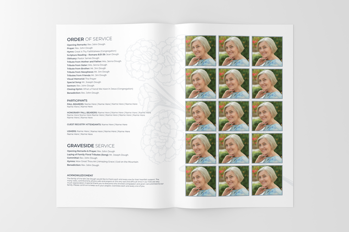 Erstellen Sie eine personalisierte Trauerfeier mit unserem digitalen Vorlagenpaket: kleines 8-seitiges Programm, Diashow, Karten, Ankündigungen und Erinnerungsset 1001