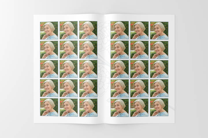 Erstellen Sie eine personalisierte Trauerfeier mit unserem digitalen Vorlagenpaket: kleines 8-seitiges Programm, Diashow, Karten, Ankündigungen und Erinnerungsset 1001