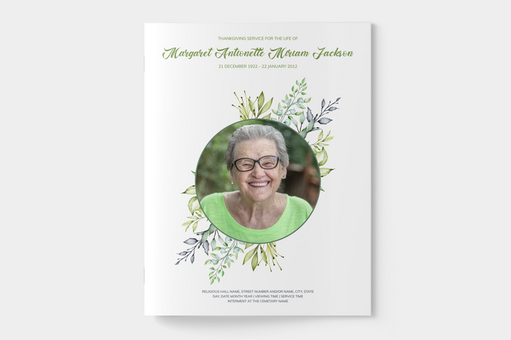 Greenery Funeral Program Template 4-Page Large