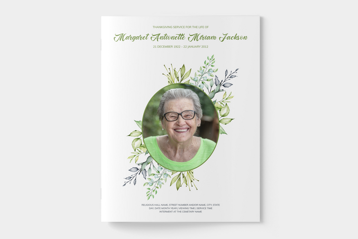 Greenery Funeral Program Template 4-Page Large
