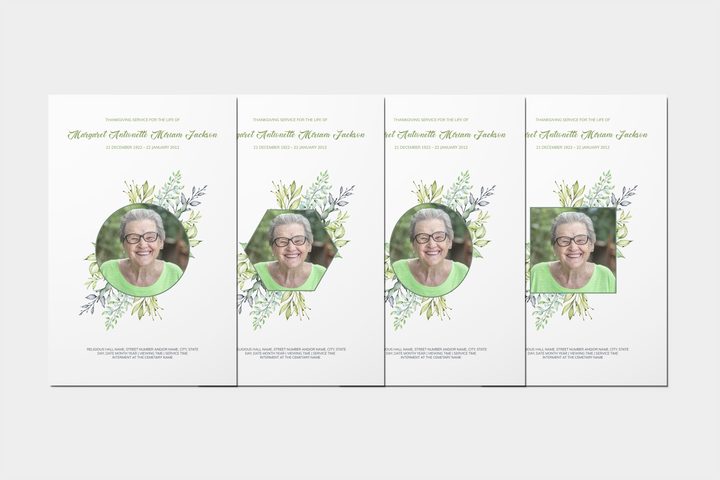 Greenery Deluxe 8-Piece Funeral Template Bundle | Small 8-Page Program, Slideshow, Death Announcement, Invitation, Bookmark Welcome Sign, Share-a-Memory Set, Thank You Card
