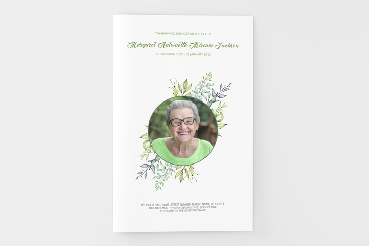 Cree un pequeño programa funerario/conmemorativo personalizado de 4 páginas con nuestra plantilla digital imprimible 1002