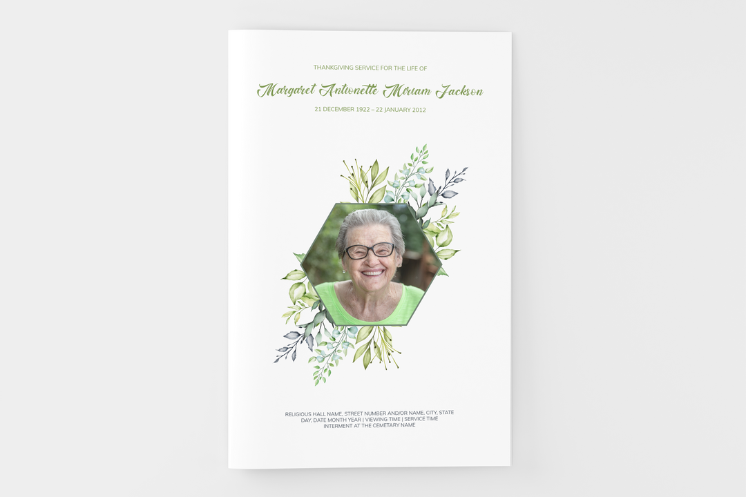 Cree un pequeño programa funerario/conmemorativo personalizado de 4 páginas con nuestra plantilla digital imprimible 1002