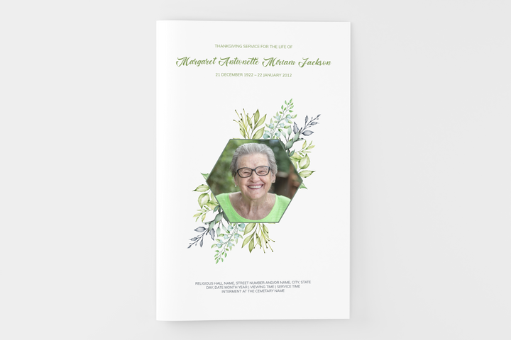 Cree un pequeño programa funerario/conmemorativo personalizado de 4 páginas con nuestra plantilla digital imprimible 1002