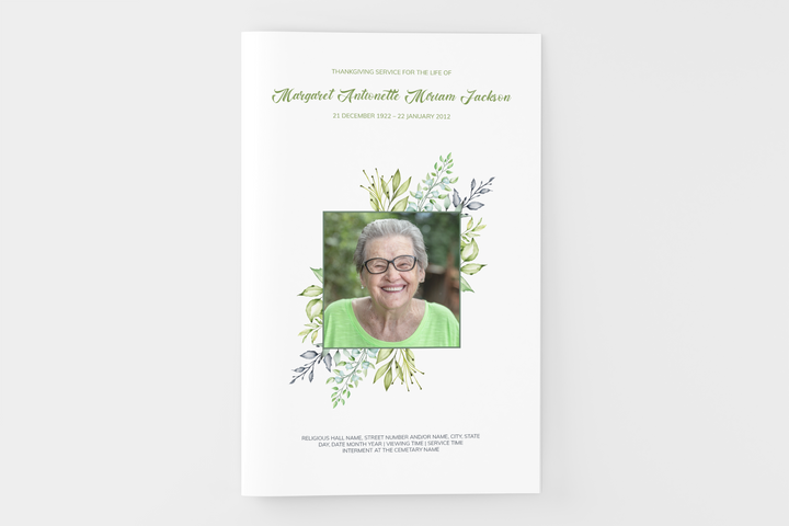 Cree un pequeño programa funerario/conmemorativo personalizado de 4 páginas con nuestra plantilla digital imprimible 1002