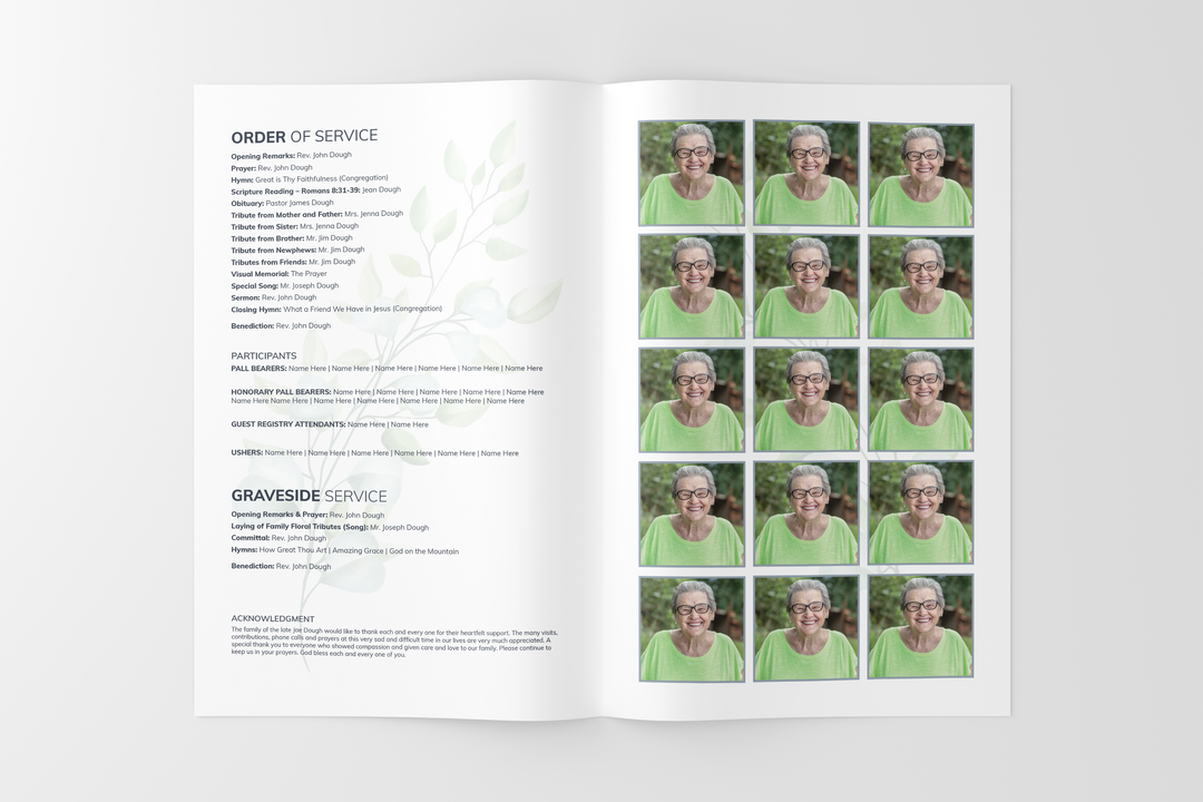 Greenery Deluxe 8-Piece Funeral Template Bundle | Small 8-Page Program, Slideshow, Death Announcement, Invitation, Bookmark Welcome Sign, Share-a-Memory Set, Thank You Card