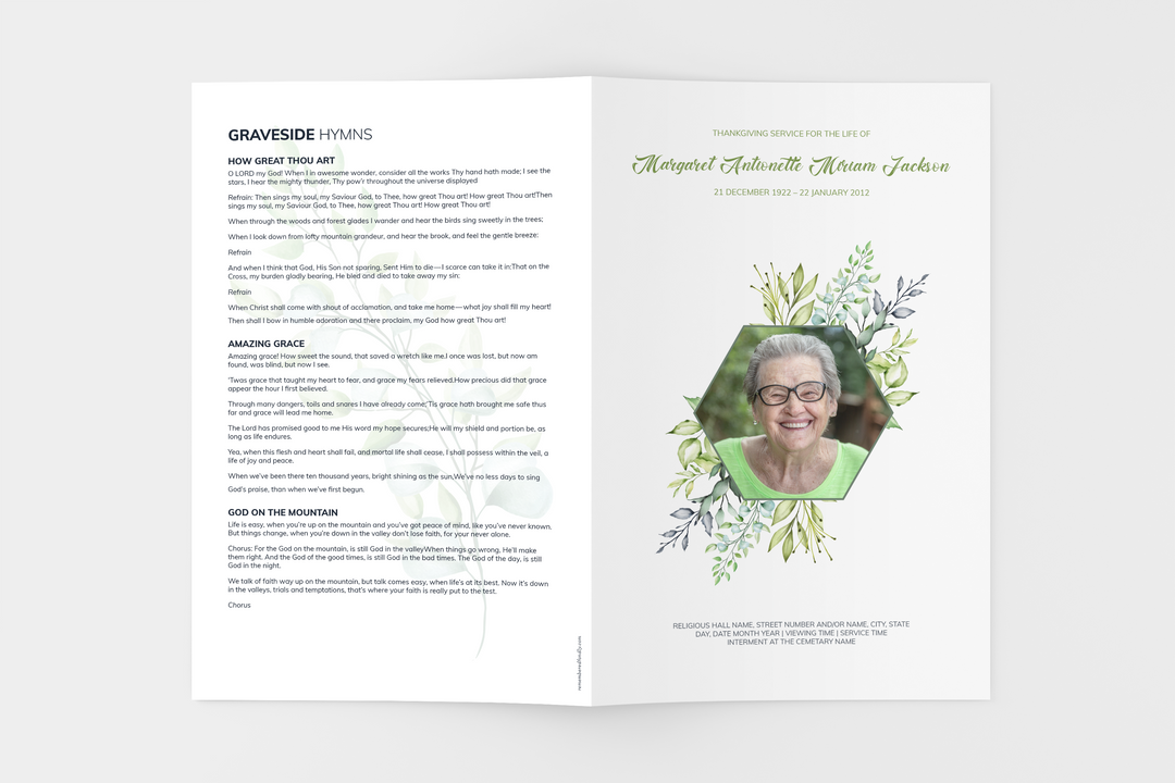 Greenery Deluxe 8-Piece Funeral Template Bundle | Small 8-Page Program, Slideshow, Death Announcement, Invitation, Bookmark Welcome Sign, Share-a-Memory Set, Thank You Card