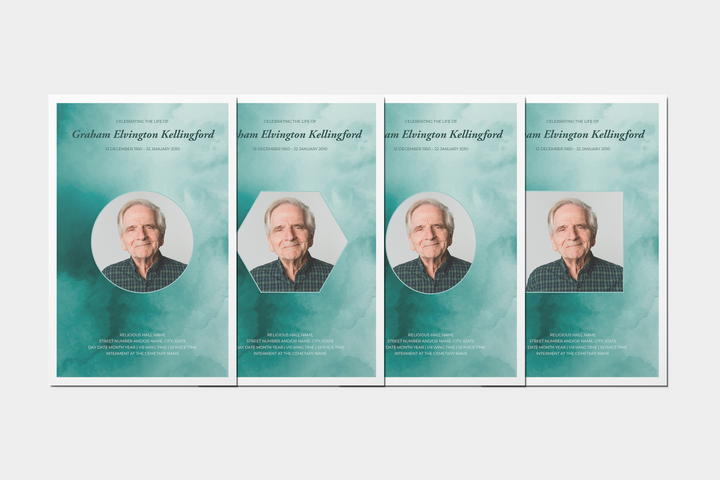 Green Watercolor Deluxe 8-Piece Funeral Template Bundle | Small 4-Page Program, Slideshow, Death Announcement, Invitation, Bookmark Welcome Sign, Share-a-Memory Set, Thank You Card