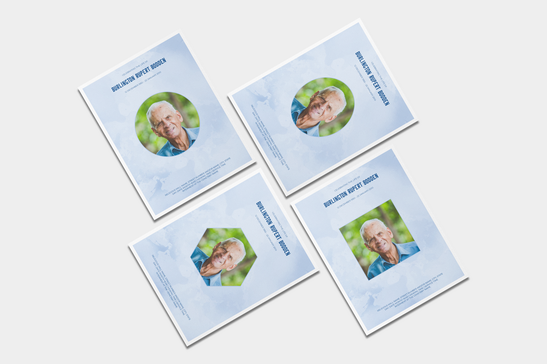 Blue Sky Deluxe 8-Piece Funeral Template Bundle | Large 4-Page Program, Slideshow, Death Announcement, Invitation, Bookmark Welcome Sign, Share-a-Memory Set, Thank You Card