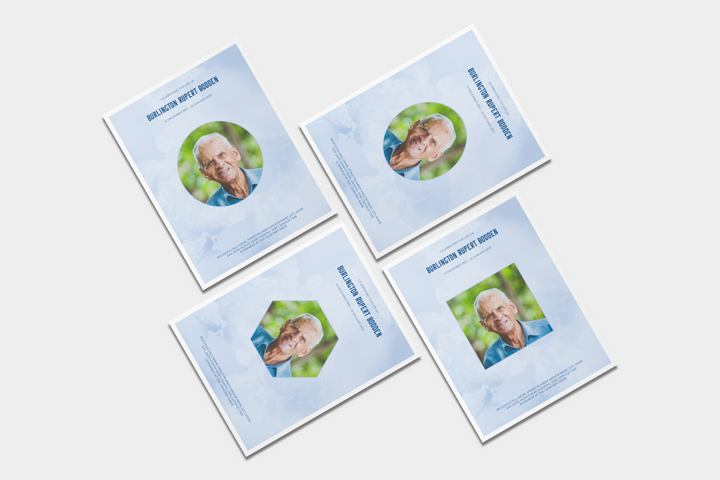 Blue Sky Deluxe 8-Piece Funeral Template Bundle | Large 4-Page Program, Slideshow, Death Announcement, Invitation, Bookmark Welcome Sign, Share-a-Memory Set, Thank You Card