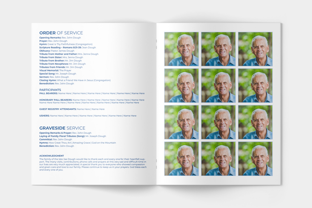 Blue Sky Deluxe 8-Piece Funeral Template Bundle | Large 4-Page Program, Slideshow, Death Announcement, Invitation, Bookmark Welcome Sign, Share-a-Memory Set, Thank You Card
