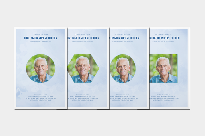 Cree un tributo funerario personalizado con nuestro paquete de plantillas digitales: programa pequeño de 4 páginas, presentación de diapositivas, tarjetas, anuncios y juego de recuerdos 1007