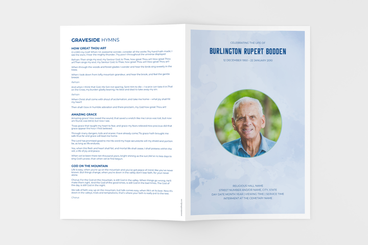 Cree un tributo funerario personalizado con nuestro paquete de plantillas digitales: programa pequeño de 4 páginas, presentación de diapositivas, tarjetas, anuncios y juego de recuerdos 1007
