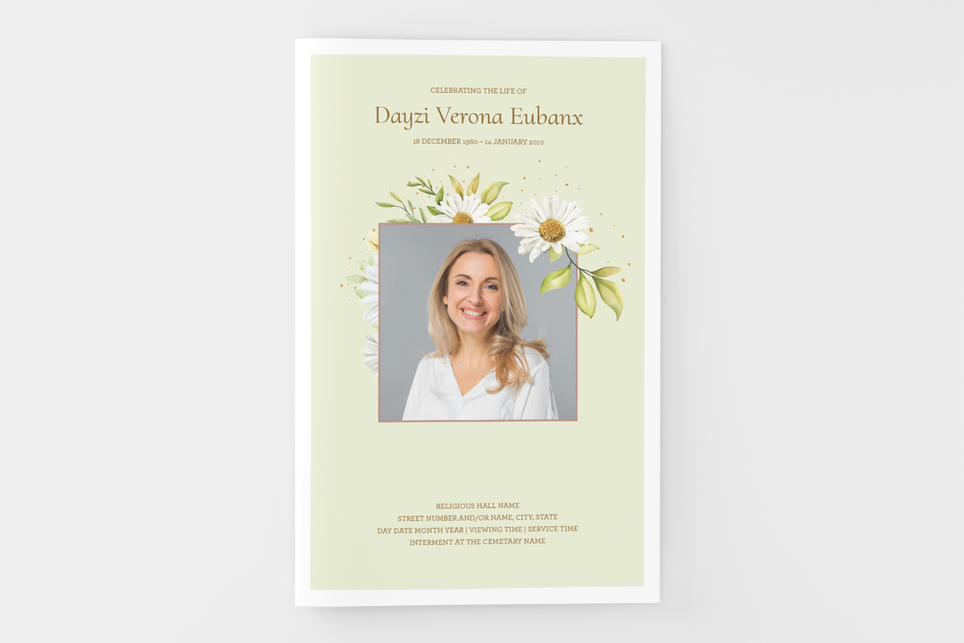 Cree un pequeño programa funerario/conmemorativo personalizado de 4 páginas con nuestra plantilla digital imprimible 1010