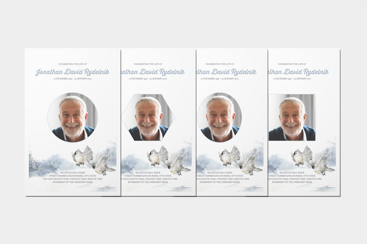 Winter Bird Essential 4-Piece Funeral Template Bundle | Small 8-Page Program, Slideshow, Death Announcement, Invitation, Bookmark Welcome Sign, Share-a-Memory Set, Thank You Card