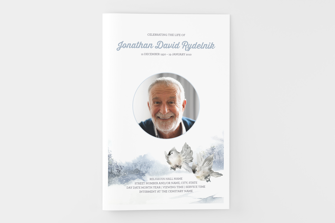 Winter Bird Funeral Program Template 4-Page Small