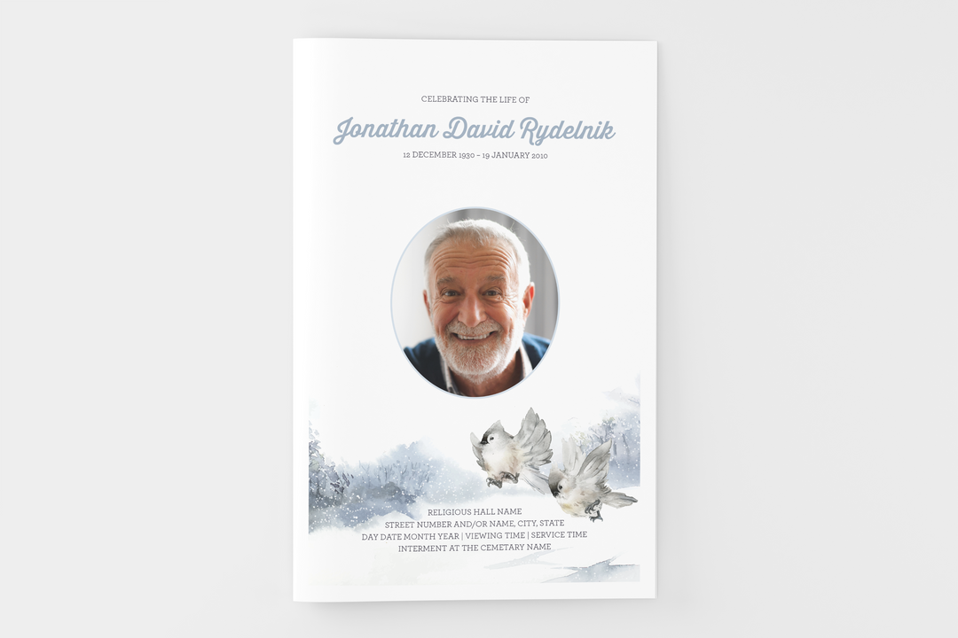 Winter Bird Funeral Program Template 4-Page Small