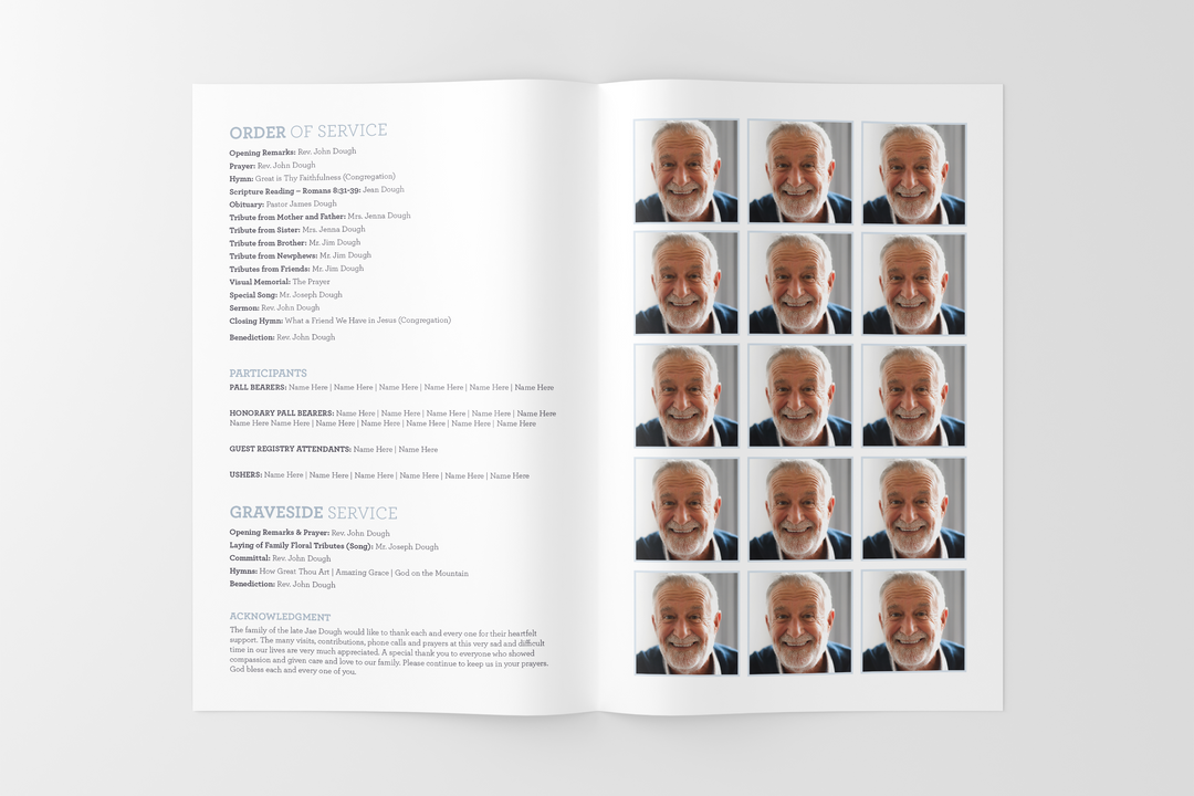 Erstellen Sie eine personalisierte Trauerfeier mit unserem digitalen Vorlagenpaket: Kleines 8-seitiges Programm, Diashow, Karten, Ankündigungen und Erinnerungsset 1013