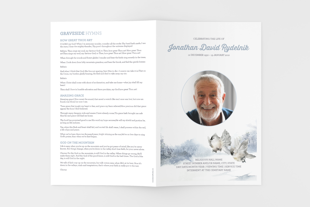 Cree un tributo funerario personalizado con nuestro paquete de plantillas digitales: programa pequeño de 4 páginas, presentación de diapositivas, tarjetas, anuncios y juego de recuerdos 1013