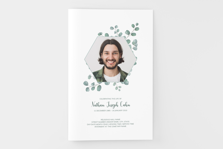 Cree un pequeño programa funerario/conmemorativo personalizado de 8 páginas con nuestra plantilla digital imprimible: honre la memoria de su ser querido con un homenaje reflexivo 1014