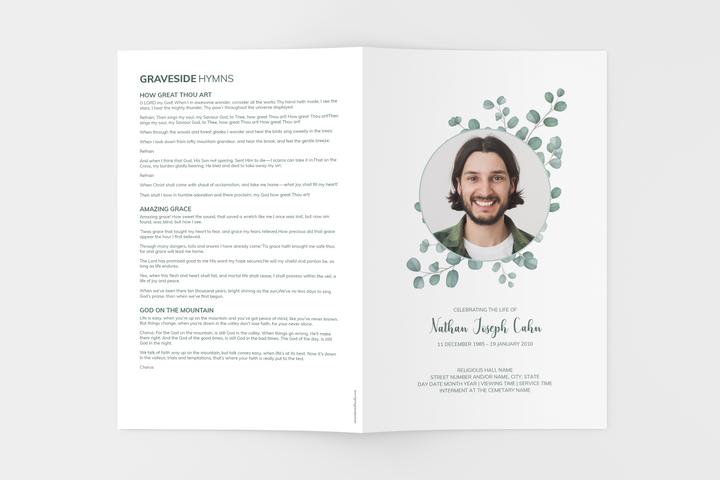 Cree un pequeño programa funerario/conmemorativo personalizado de 8 páginas con nuestra plantilla digital imprimible: honre la memoria de su ser querido con un homenaje reflexivo 1014
