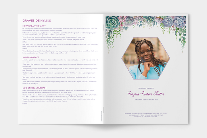 Lush Succulent Essential 4-Piece Funeral Template Bundle | Large 8-Page Program, Slideshow, Invitation, Thank You Card