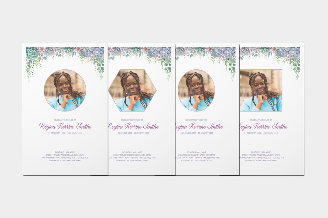 Lush Succulent Deluxe 8-Piece Funeral Template Bundle | Small 4-Page Program, Slideshow, Death Announcement, Invitation, Bookmark Welcome Sign, Share-a-Memory Set, Thank You Card