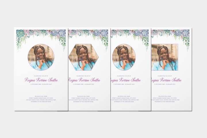 Lush Succulent Deluxe 8-Piece Funeral Template Bundle | Small 4-Page Program, Slideshow, Death Announcement, Invitation, Bookmark Welcome Sign, Share-a-Memory Set, Thank You Card
