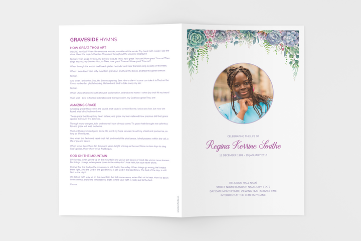 Lush Succulent Deluxe 8-Piece Funeral Template Bundle | Small 4-Page Program, Slideshow, Death Announcement, Invitation, Bookmark Welcome Sign, Share-a-Memory Set, Thank You Card