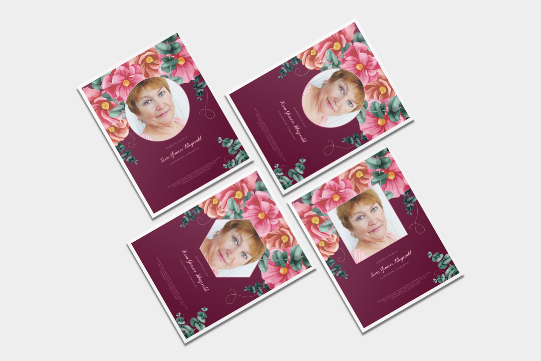 Red and Pink Floral Deluxe 8-Piece Funeral Template Bundle | Large 4-Page Program, Slideshow, Death Announcement, Invitation, Bookmark Welcome Sign, Share-a-Memory Set, Thank You Card