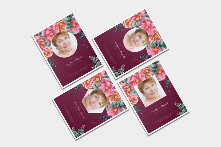 Red and Pink Floral Deluxe 8-Piece Funeral Template Bundle | Large 4-Page Program, Slideshow, Death Announcement, Invitation, Bookmark Welcome Sign, Share-a-Memory Set, Thank You Card