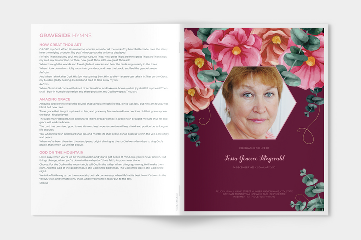 Red and Pink Floral Deluxe 8-Piece Funeral Template Bundle | Large 4-Page Program, Slideshow, Death Announcement, Invitation, Bookmark Welcome Sign, Share-a-Memory Set, Thank You Card